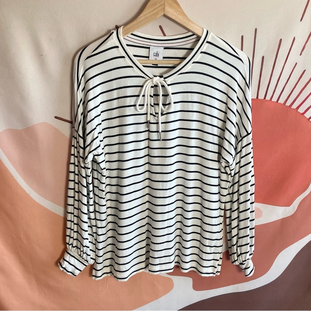 Cabi Womens Sweater XS Stripe White Black Oversized Boxy Coastal Long Relaxed